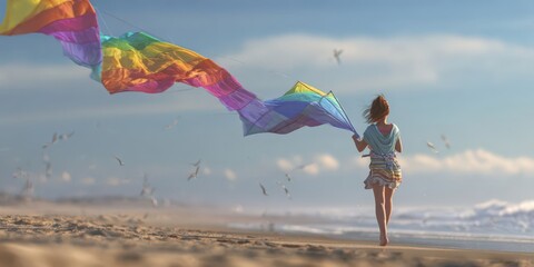 Teen Girl Flying Colorful Kite on Beach at Cape Hatteras National Seashore