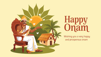 Happy Onam greeting with traditional Kerala man on ornate chair, sunburst leaves, palm tree, and festive house backdrop