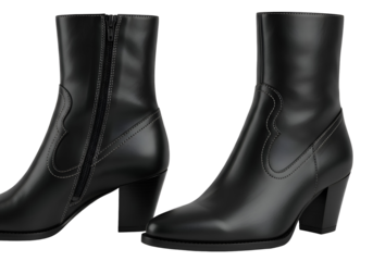 Stylish Black Leather Ankle Boots with Zipper and Block Heel.