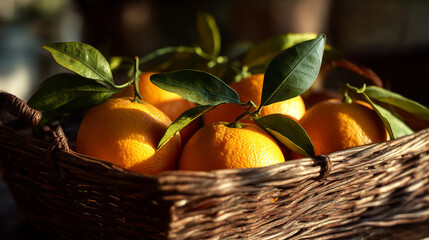Freshly Harvested Oranges in Wicker Basket with Leaves. Ai gen.
