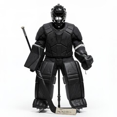 Professional hockey goaltender in black protective padding with cage helmet blocker and catcher in ready defensive stance