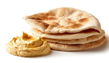 Stack of pita bread alongside hummus