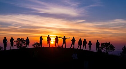 Silhouetted group of friends enjoying a breathtaking sunset on a hilltop, capturing the spirit of togetherness and adventure during golden hour.
