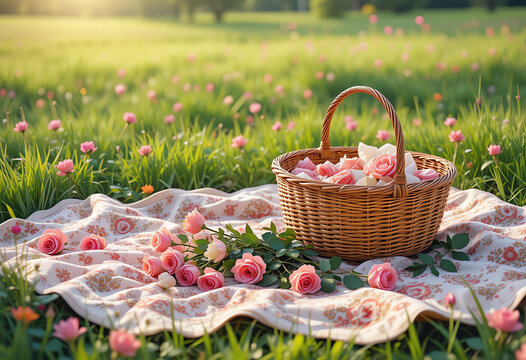 Picnic scene with blanket, basket, and roses 3:2 3000x2000