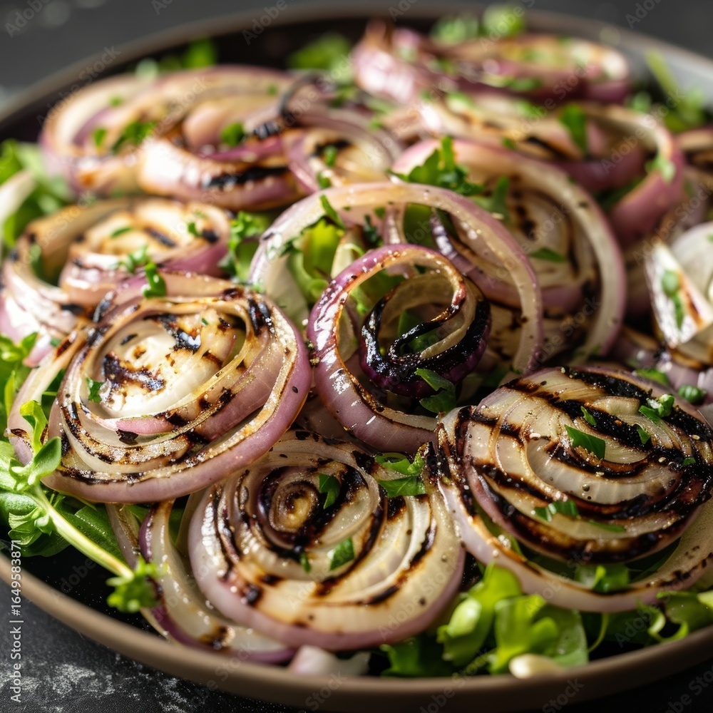 Poster thinly sliced grilled onions adding a burst of flavor to a crisp and refreshing summer salad.