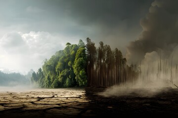 Split forest image showing contrast between lush green woods and destructive wildfire, symbolizing climate change and environmental crisis. Global warming. Forest fire. Natural disaster. Danger. 