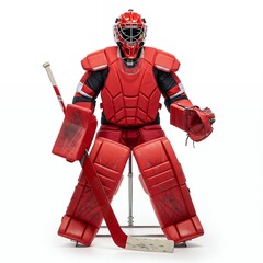 Bright red ice hockey goalie equipment complete set with helmet mask chest protector leg pads blocker and catcher glove