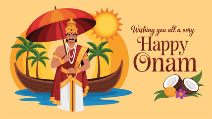 Happy Onam greeting with King Mahabali holding umbrella, boat race, palm trees, coconuts, flowers and sunburst, Kerala festival scene