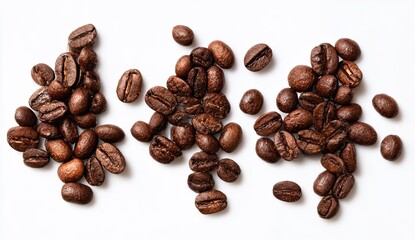 Naklejka premium Roasted coffee beans in three clusters, arranged horizontally against a white background