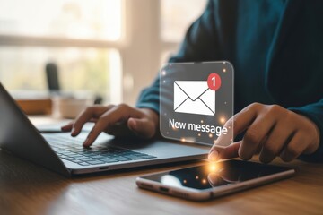 Person with a "New Message" Notification, digital communication and online business, future technology.