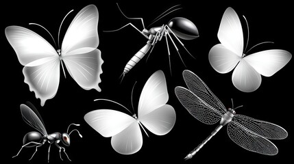 Various insect illustrations depicting butterflies, a mosquito, an ant, and a dragonfly against a solid black background showcasing intricate designs