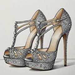 Elegant high-heeled shoes adorned with rhinestones and embellishments  