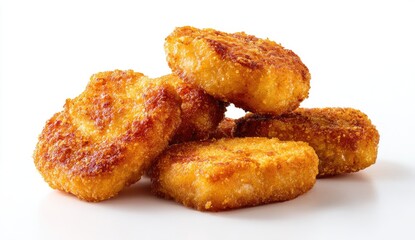 Crispy golden-brown breaded patties, piled high. Close-up shot against a plain white background