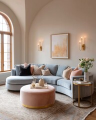 Fototapeta premium A light-filled living room with a curved sectional sofa and blush ottoman.