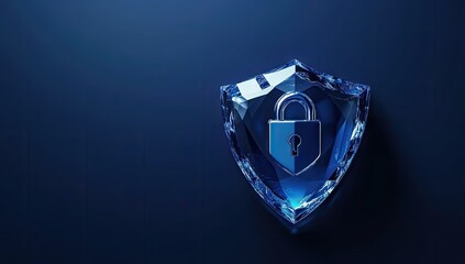Crystalline blue shield with lock icon.  Dark background