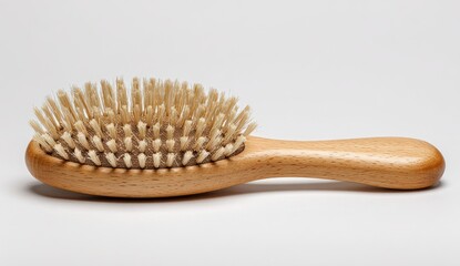 Oval-shaped wooden-handled hairbrush with natural bristles