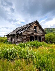 Obraz premium Old weathered log cabin in a field of wildflowers under a cloudy sky
