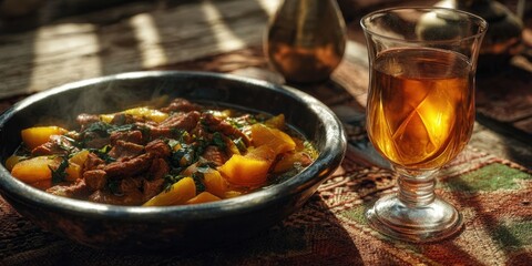 Traditional Georgian Chakapuli in a Bowl with Glass of Amber Wine