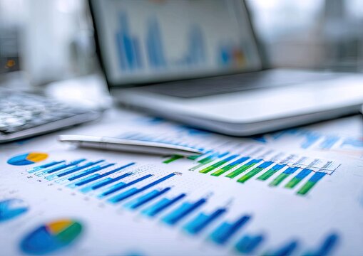 Business reports and financial charts on a desk, with a laptop and calculator in the background
