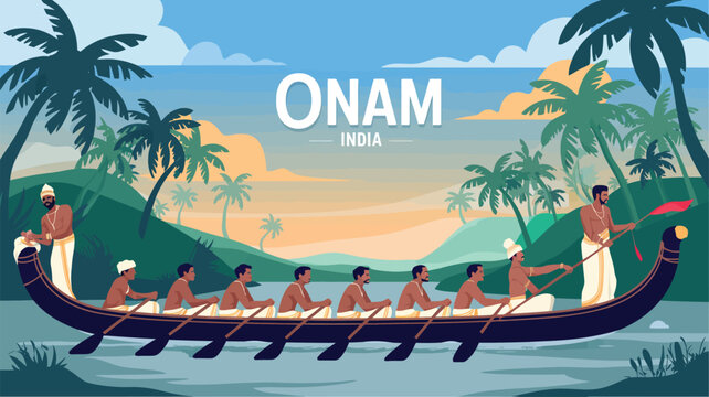 Happy Onam illustration with traditional Kerala boat race, eight rowers, red flag, palm trees, and serene river landscape with ONAM INDIA text