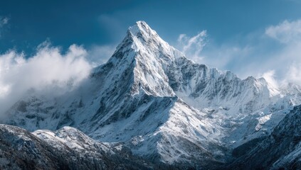 Obraz premium Majestic snow-capped mountain peak, dramatic clouds