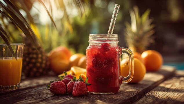 Refreshing summer drink in a mason jar, surrounded by fresh fruits - Powered by Adobe