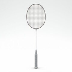 Premium badminton racket with detailed string pattern and contoured grip displayed vertically on neutral background for equipment marketing