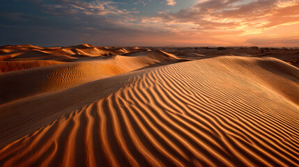 Naklejka premium Golden sand dunes stretch towards the horizon under a vibrant sunset, showcasing the beauty and serenity of the desert landscape.