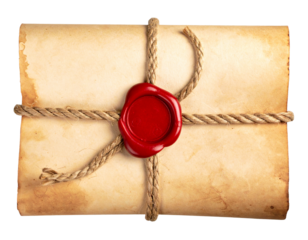 Ancient rolled parchment sealed with red wax and rope on transparent background