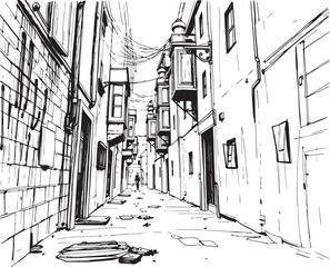 Gloomy urban alleyway, back streets. Hand drawn vector illustration