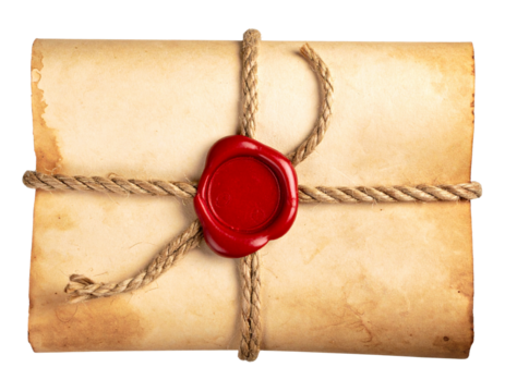 Ancient rolled parchment sealed with red wax and rope on transparent background