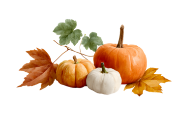 Vibrant fall pumpkins and leaves arranged