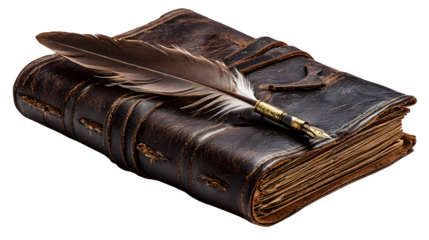 Leather-bound notebook with quill pen, colonial-era style