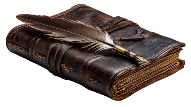 Leather-bound notebook with quill pen, colonial-era style
