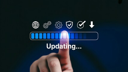 Finger tapping a digital progress bar, updating software, installing, or downloading content