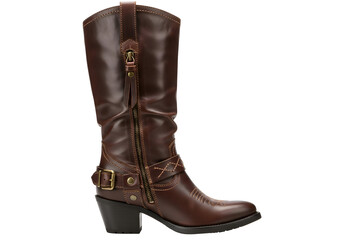 Stylish Brown Leather Cowboy Boot with Buckle and Zipper Detail.