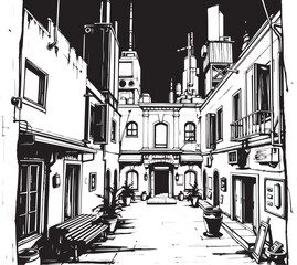 Gloomy urban alleyway, back streets. Hand drawn vector illustration