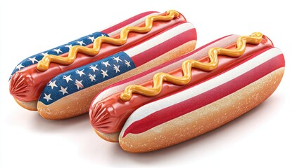 Two hot dogs, rendered in a style suggesting a 3D model, are depicted.  Each hot dog is striped with red, white, and blue, mimicking the American flag.  