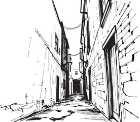 Gloomy urban alleyway, back streets. Hand drawn vector illustration