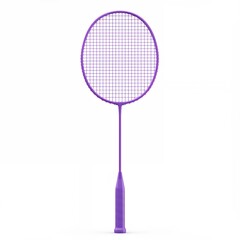 Purple badminton racket front view with fine mesh string pattern isolated on white for athletic equipment product catalogs