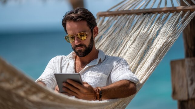 Relaxed Man Enjoying E-Reading on Hammock by Tropical Beach