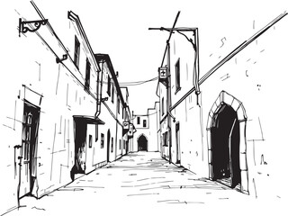Fototapeta premium Gloomy urban alleyway, back streets. Hand drawn vector illustration