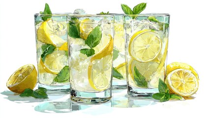 Fototapeta premium Three glasses of refreshing lemonade, garnished with lemon slices and mint leaves, sit on a light surface, with ice visible