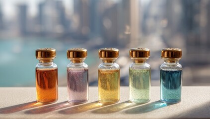 Colorful vials of liquid,  likely perfume or essential oils, lined up on a surface,  with a cityscape in the background