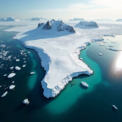 Ultra High-Resolution Aerial View of Snow-Covered Island with Icy Turquoise Waters, Floating Icebergs, Frozen Shorelines, Soft Winter Sunlight, Photorealistic Serene Cinematic