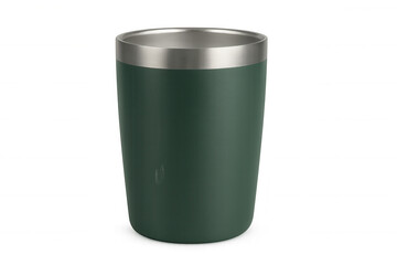 Green reusable insulated stainless steel tumbler with transparent background, perfect for hot and cold beverages