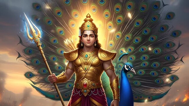 A Divine Animation of Lord Murugan, the Golden Armored Warrior God with His Majestic Peacock.