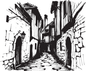 Gloomy urban alleyway, back streets. Hand drawn vector illustration