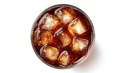 Top-down view of a round glass filled with a dark brown beverage and ice cubes