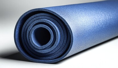 Rolled-up blue exercise mat.  Close-up view